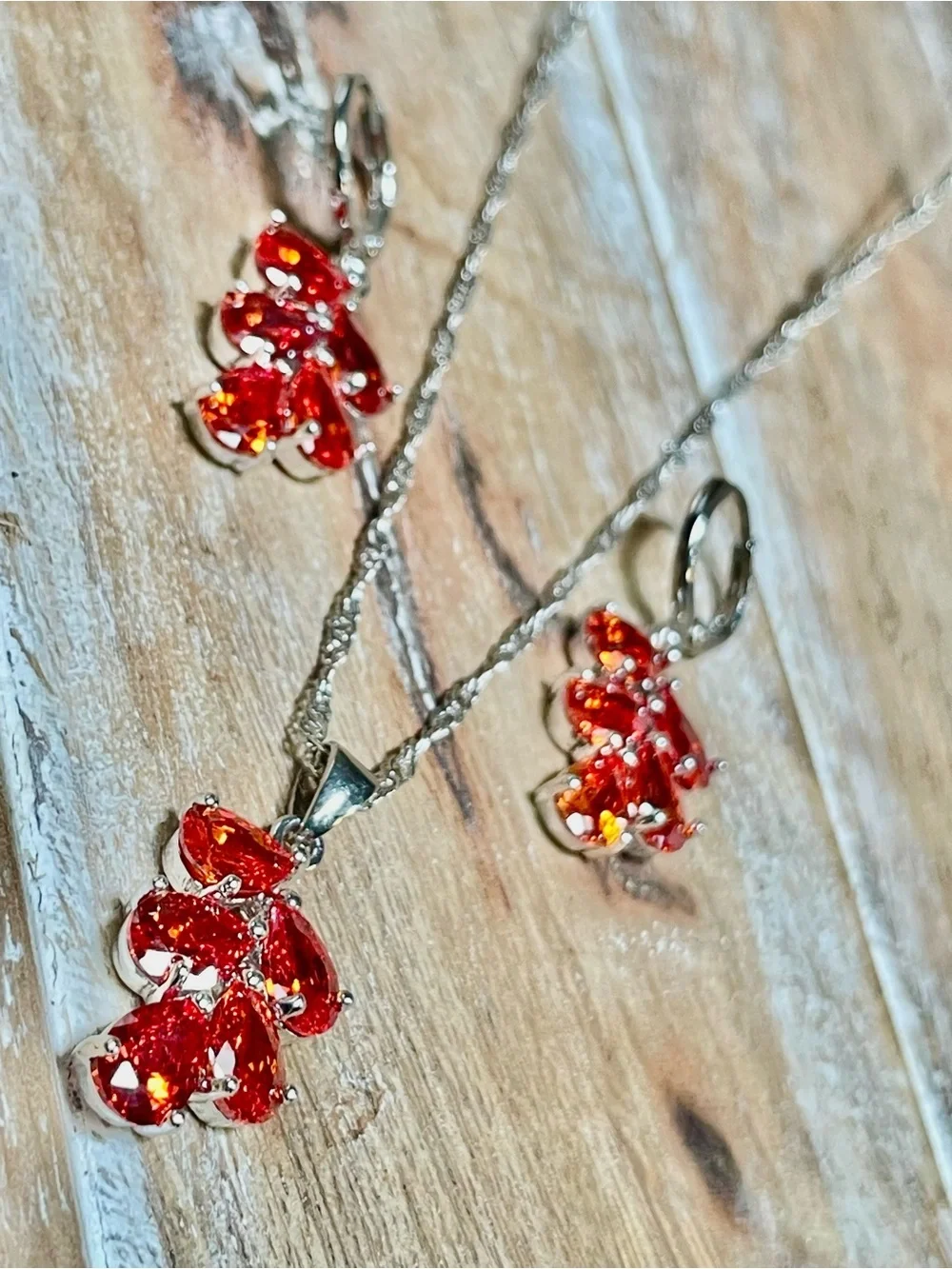 Red Crystal Flower Necklace & Earring Set in Halo 925 Sterling Silver Setting